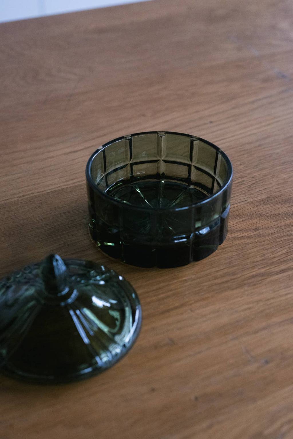 Short Green Vintage Cottage Bloom Pressed Glass Jar