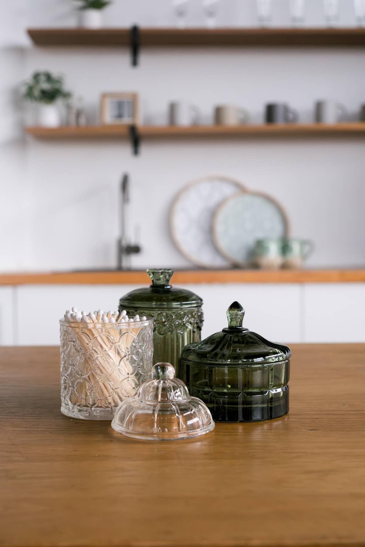 Short Green Vintage Cottage Bloom Pressed Glass Jar