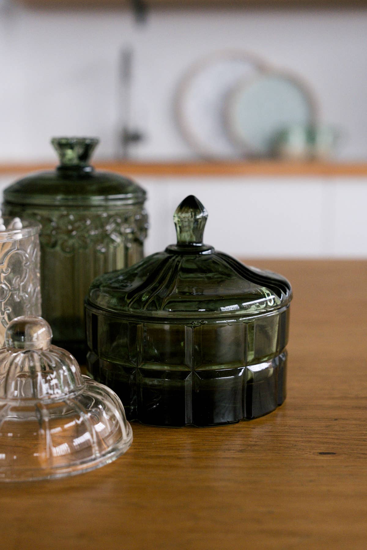 Short Green Vintage Cottage Bloom Pressed Glass Jar