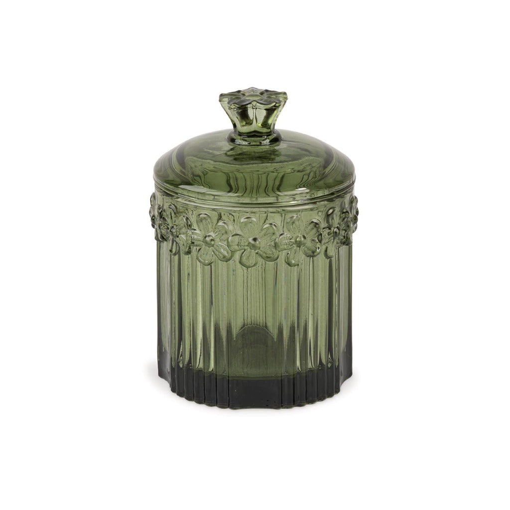 Green Vintage Cottage Bloom Pressed Glass Jar