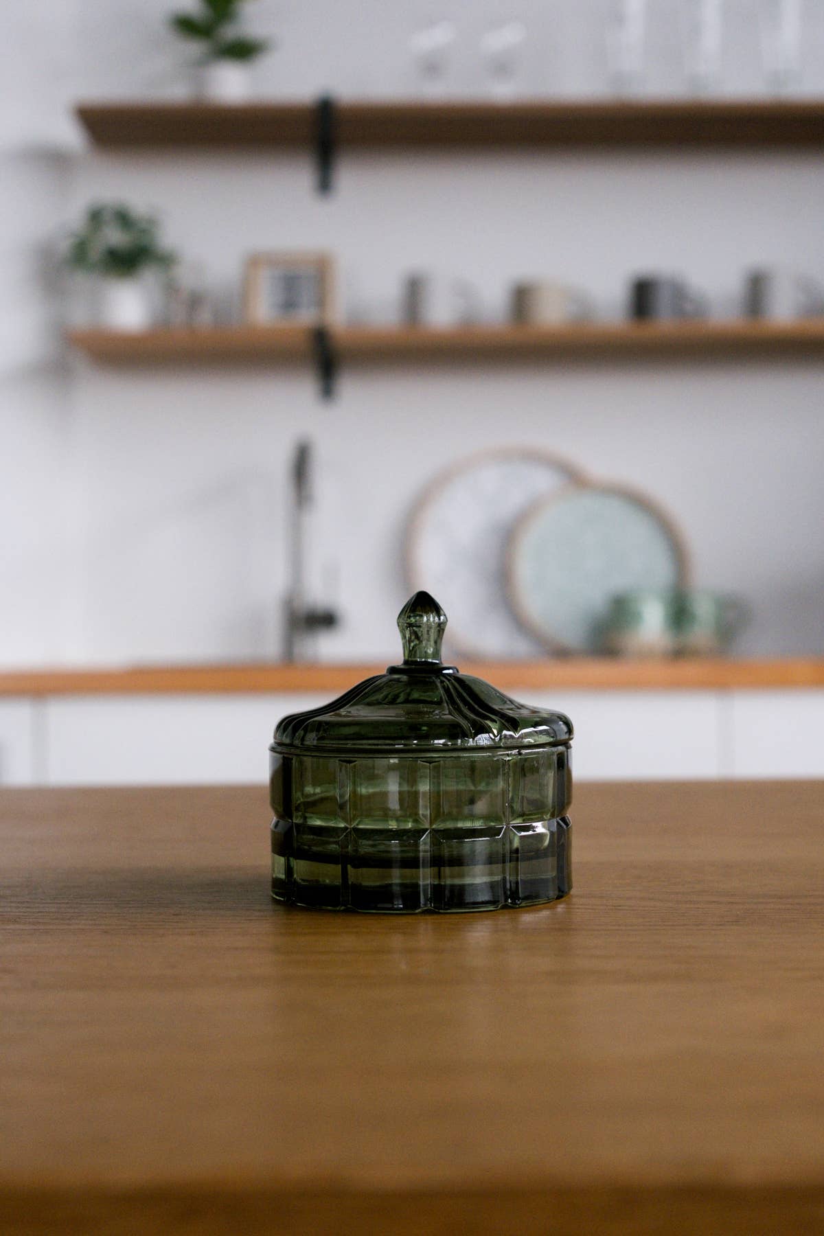Short Green Vintage Cottage Bloom Pressed Glass Jar