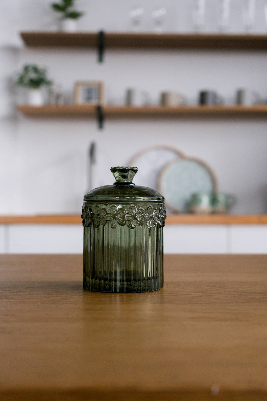 Green Vintage Cottage Bloom Pressed Glass Jar